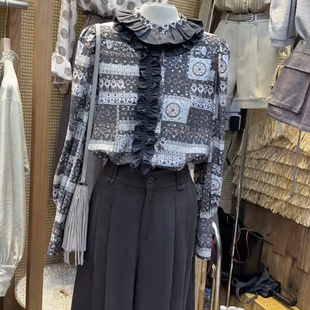 U.YU有鱼2025秋新设计感宫廷风木耳边复古印花长袖 女气质上衣 衬衫