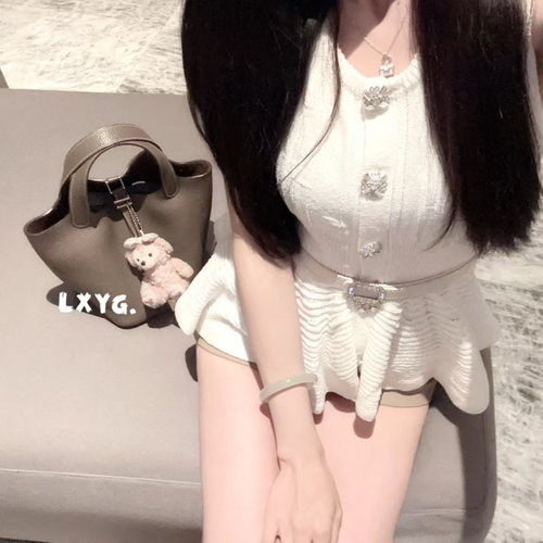 LXYG2026夏设计感收腰荷叶边钻扣腰带冰丝无袖针织开衫修身背心女