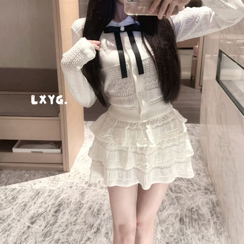 LXYG秋MIU系蝴蝶结长袖镂空针织开衫女高腰木耳边蛋糕半身裙套装