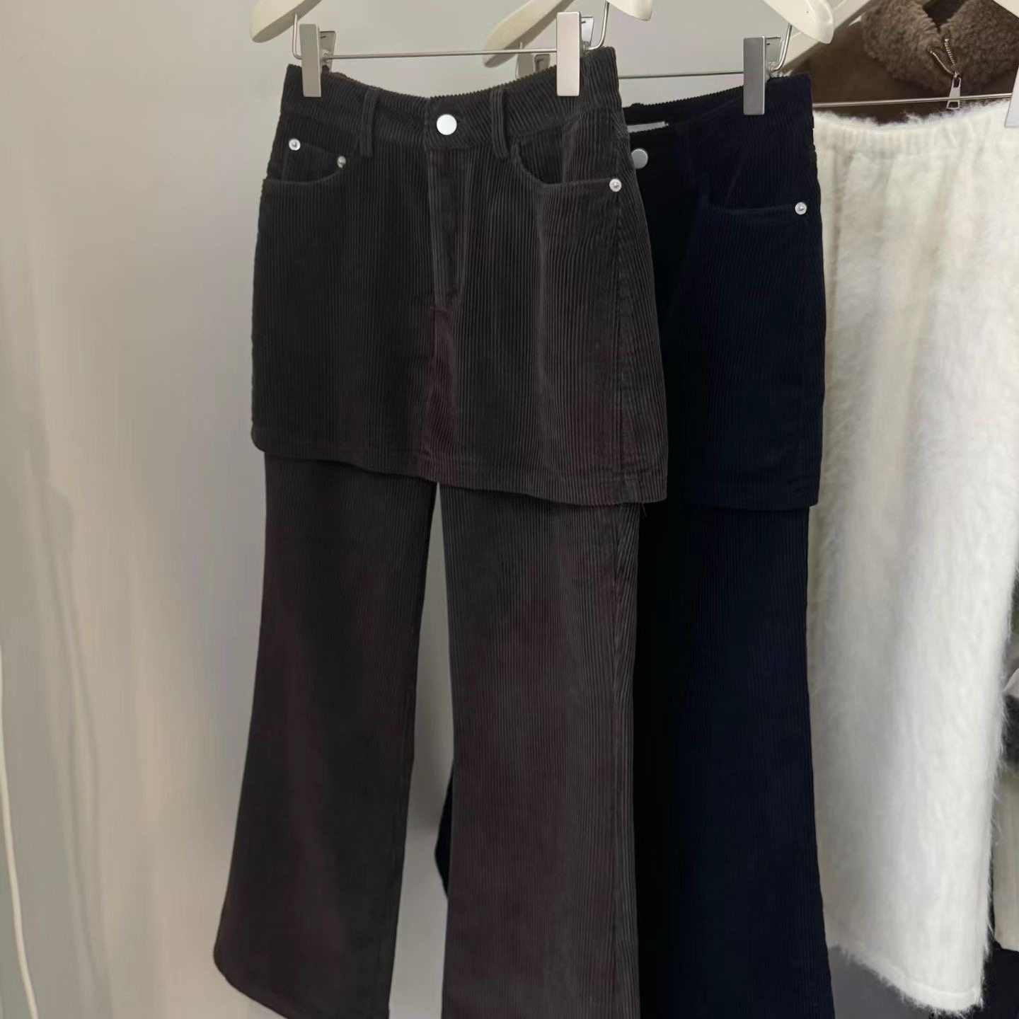 AT fashion秋冬加绒复古做旧灯芯绒假两件屁帘休闲微喇叭显瘦长裤