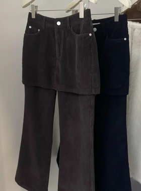 AT fashion秋冬加绒复古做旧灯芯绒假两件屁帘休闲微喇叭显瘦长裤
