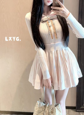 LXYG学院风polo领格子蝴蝶结修身显瘦针织花苞蓬蓬裙女收腰短裙秋
