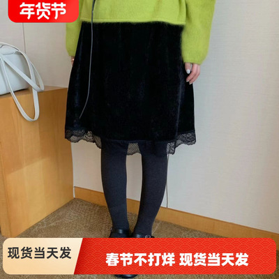 AT fashion秋冬黑色金丝绒蕾丝拼接半身裙女叠穿屁帘裙显瘦A字裙