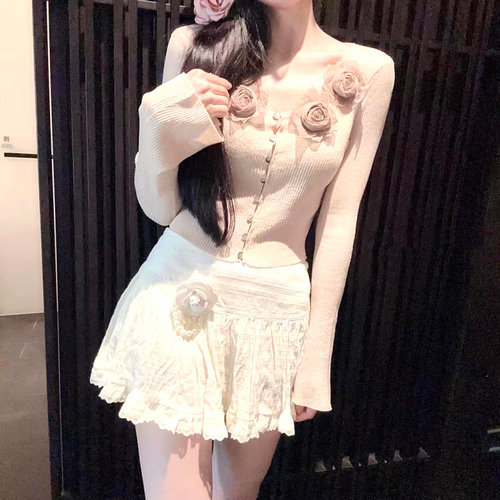 甜美修身玫瑰花朵薄款长袖冰丝针织开衫女LXYG2026秋显瘦红上衣秋