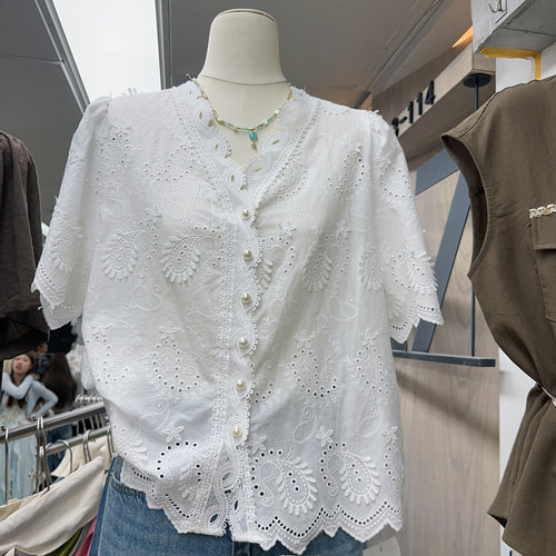 LH STUDIO重工白色蕾丝镂空V领泡泡袖短袖衬衫女夏新宽松显瘦上衣