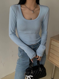 元熙8078-1简约内搭修身纯欲辣妹短款上衣U领正肩长袖T恤女打底衫