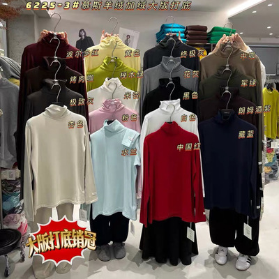 元熙6225-3秋冬高领加绒贴标宽松显瘦长袖打底衫女保暖内搭T恤潮