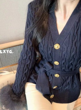 LXYG秋冬气质高级感仿狐狸毛毛袖V领腰带针织衫女修身毛衣外套新
