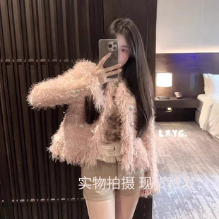 LXYG重工定制小香金扣流苏毛毛针织开衫女秋垫肩显瘦减龄短外套春