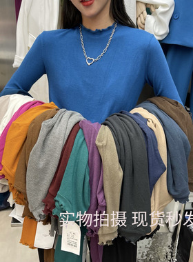 元熙7213木耳边长袖T恤女半高领弹力内搭打底衫设计感显瘦上衣春