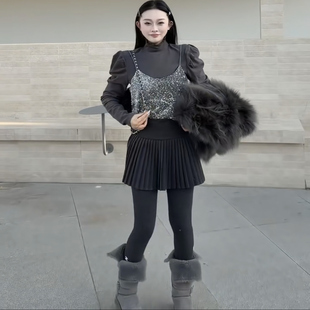 V.V2025秋冬新荷叶高领泡泡袖亮片吊带叠穿两件套上衣T恤打底衫女