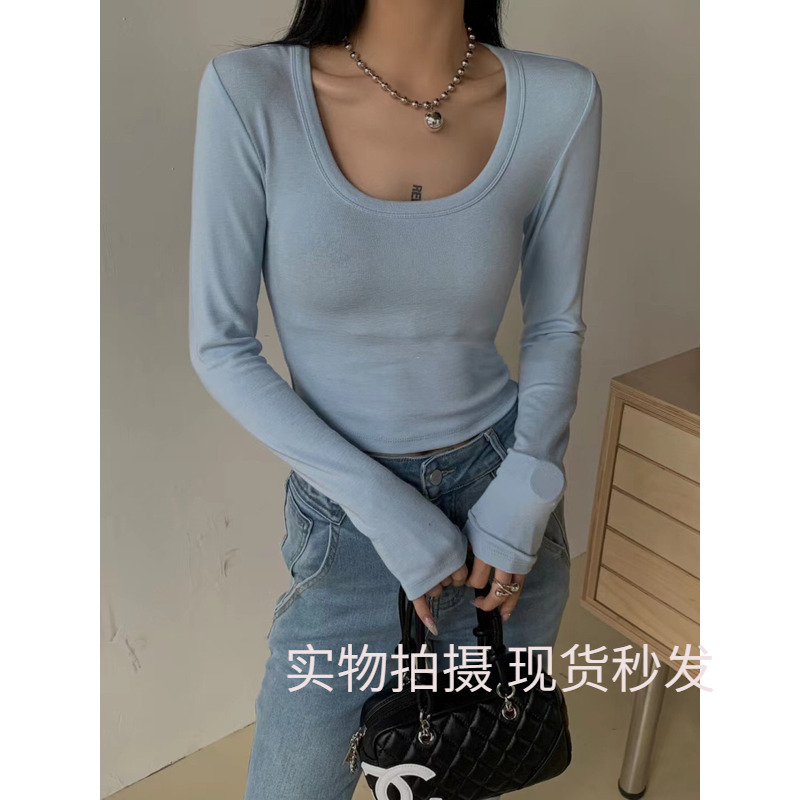 元熙8078-1简约内搭修身纯欲辣妹短款上衣U领正肩长袖T恤女打底衫
