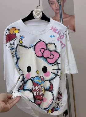 MX欧货潮牌重工串珠kitty猫短袖T恤女宽松显瘦做旧炒色大版上衣夏