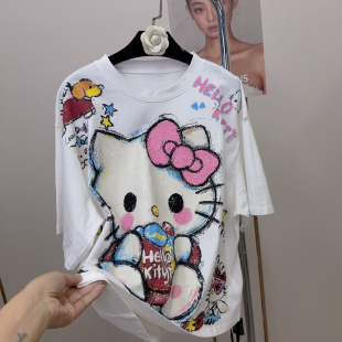 MX欧货潮牌重工串珠kitty猫短袖T恤女宽松显瘦做旧炒色大版上衣夏
