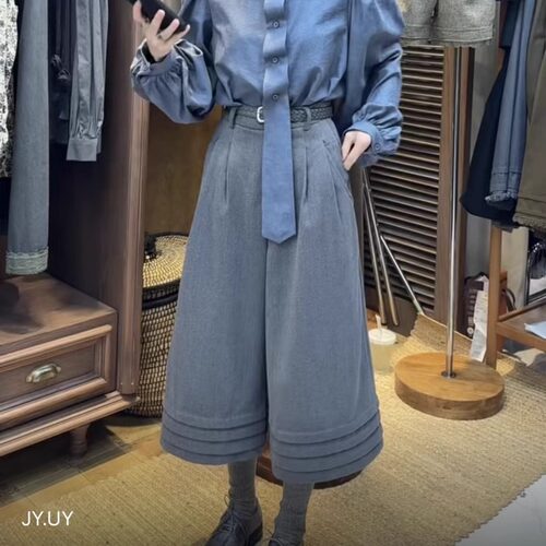 U.YU有鱼2026春秋磨毛加厚设计感法式复古高腰显瘦阔腿裤女七分裤