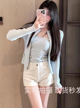 LXYG2025春新款法式轻奢名媛金扣吊带针织开衫女修身显瘦两件外套