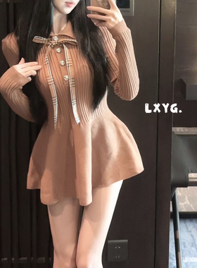 2025秋冬新款学院polo领蝴蝶结修身针织花苞上衣LXYG小个子连衣裙