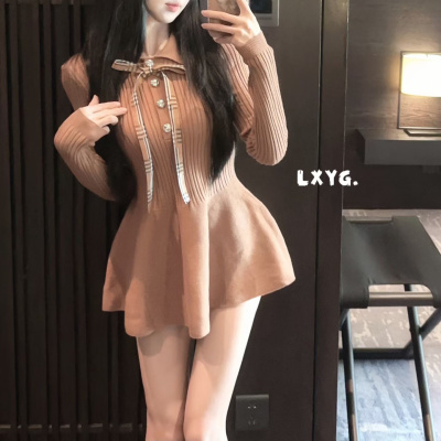 2025秋冬新款学院polo领蝴蝶结修身针织花苞上衣LXYG小个子连衣裙