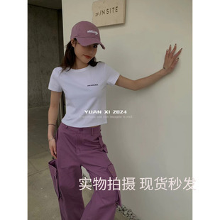 元 显瘦内搭辣妹正肩上衣夏 熙8072白色纯棉字母印花短款 T恤女修身