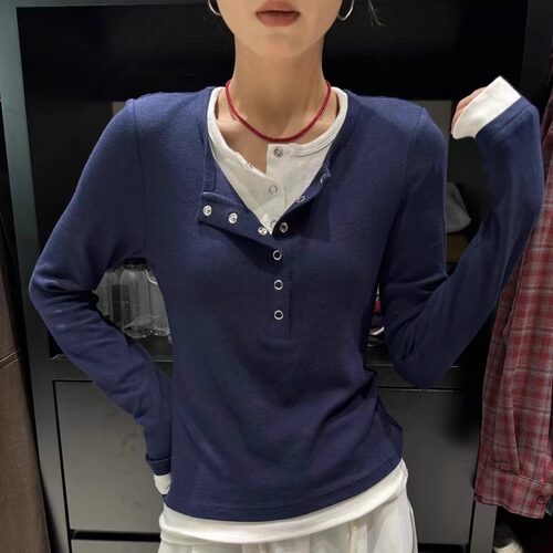 YUAN XI元熙春8134假两件拼接纽扣辣妹修身长袖T恤女显瘦打底衫潮