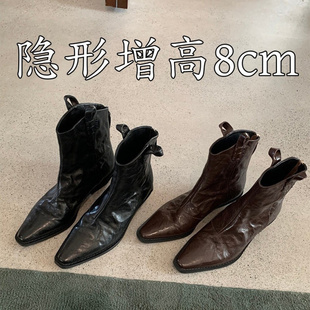 内增高8CM尖头V口西部靴女切尔西法式复古褶皱瘦瘦靴粗跟短靴子女