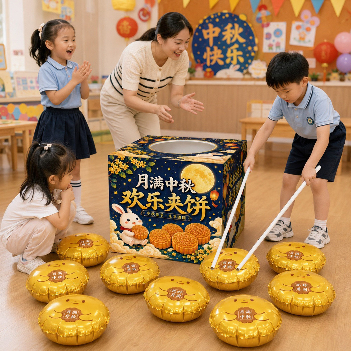 幼儿园中秋节古风主题活动夹月饼游戏儿童班级教室环创游园会道具
