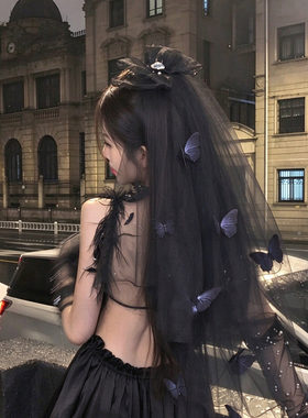 万圣节黑色头纱哥特风新娘蝴蝶结