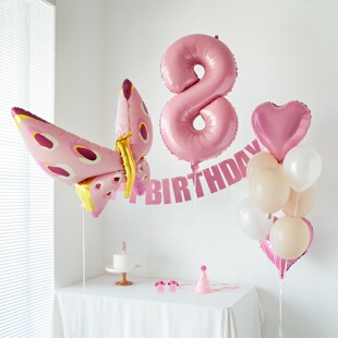 儿童生日装 饰场景布置女孩飘空粉色蝴蝶爱心家庭简单周岁数字气球