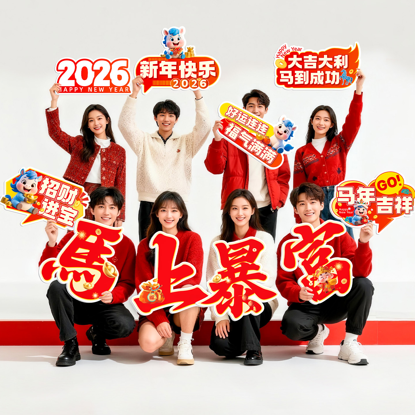 2026马新年开门红公司手举牌氛围拍照道具布置手持kt板装饰品春节