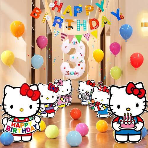 女孩宝宝Hellokitty生日快乐惊喜派对气球装饰背景墙KT板场景布置
