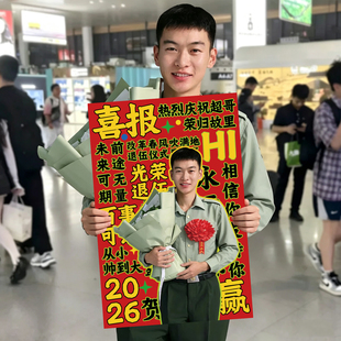 退伍搞笑手举牌欢迎回家军人仪式感展架氛围布置易拉宝接站海报
