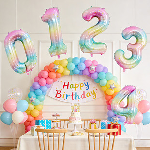 彩色数字气球装饰小女孩周岁生日仪式感场景布置氛围家里拍照道具