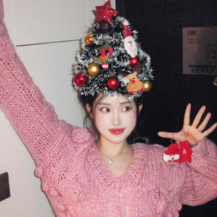 头顶圣诞树头饰DIY材料包氛围感装饰品创意发饰ins风发卡拍照神器