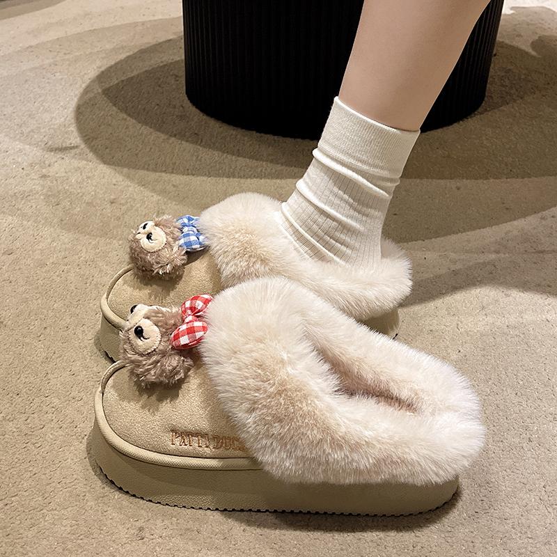 韩版2025冬新款加绒雪地棉鞋女外穿厚底卡通雪莉玫毛毛棉拖鞋包头