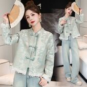 短外套女2025春秋新款 新中式 国风唐装 小个子洋气蕾丝拼接上衣外套