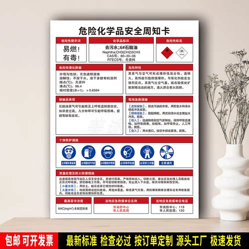 去污水(石脑油) 标识贴纸 防水PVC牌 危险化学品安全周知卡 定制