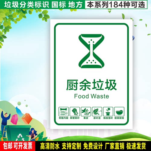 厨余垃圾 定制防水粘贴纸PVC硬牌铝板 社区学校分类标识通用FLT15