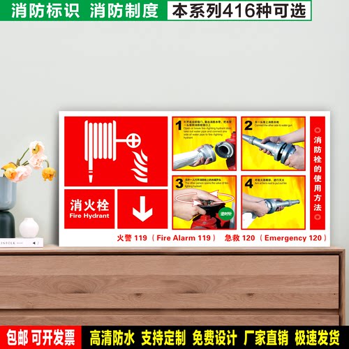 消火栓使用方法 防水粘贴纸硬质PVC牌检查验厂消防安全标识 XF330