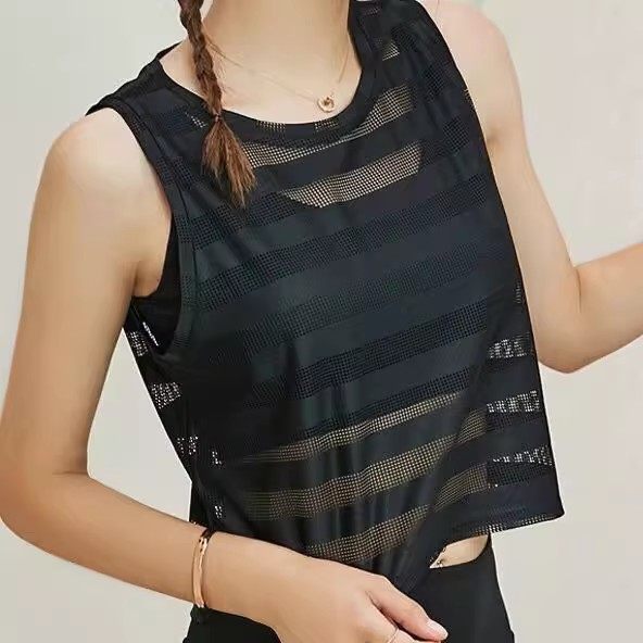 宽松无袖运动背心女外穿速干健身罩衫撸铁跑步瑜伽上衣短款网纱潮