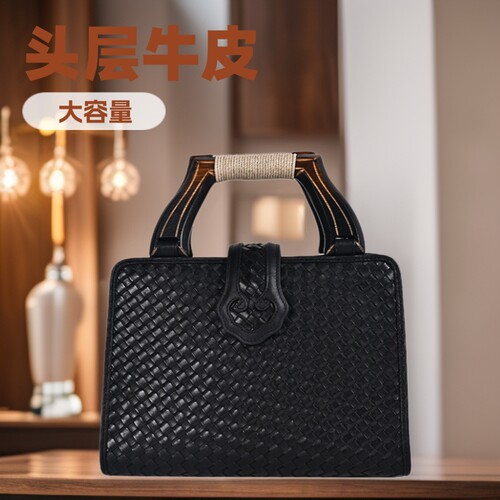欧美复古编织菱格黑色手拎头层牛皮包大容量托特包时尚磁扣通勤包