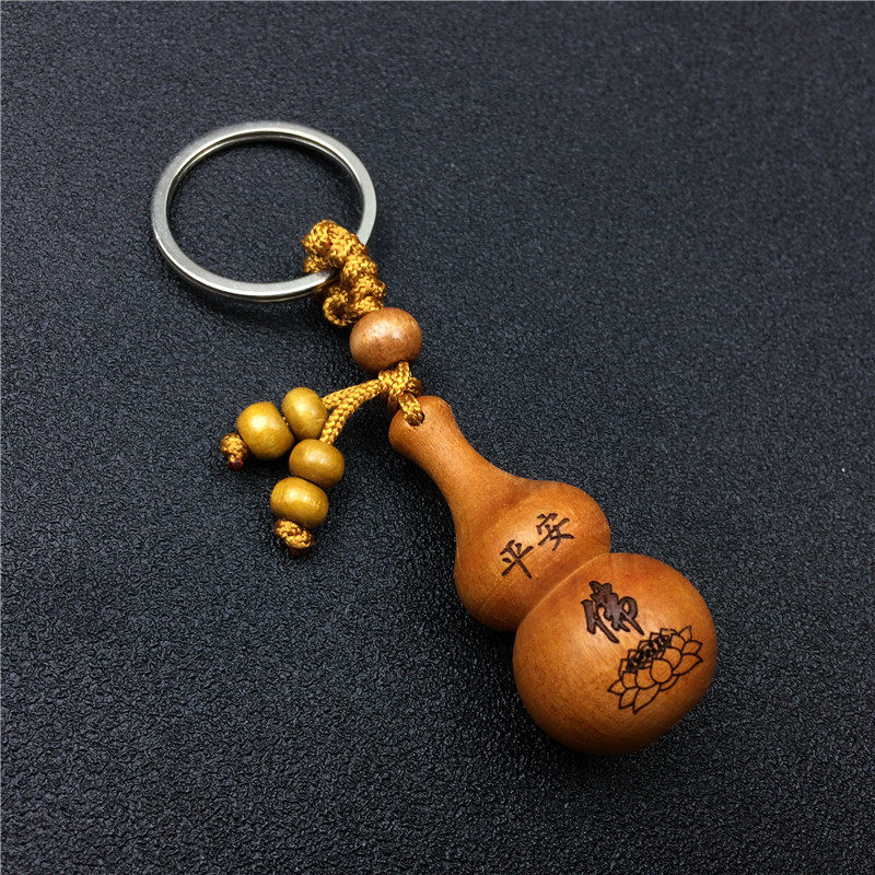 实木精雕小葫芦吊坠钥匙扣刻佛字莲花挂件传统民族风把件钥匙链