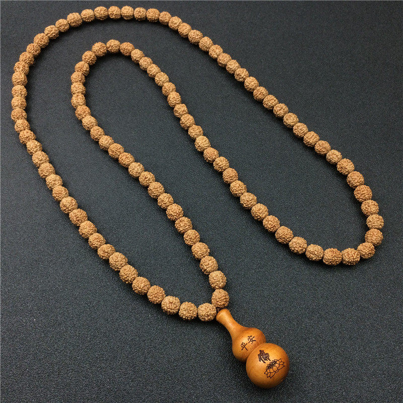 精选108颗小金刚菩提子项链男士长款文玩佛珠配饰福字桃木吊坠5瓣
