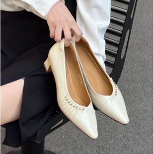 MB8611大码女鞋2026新款单鞋真皮尖头粗跟气质通勤女士职业高跟鞋