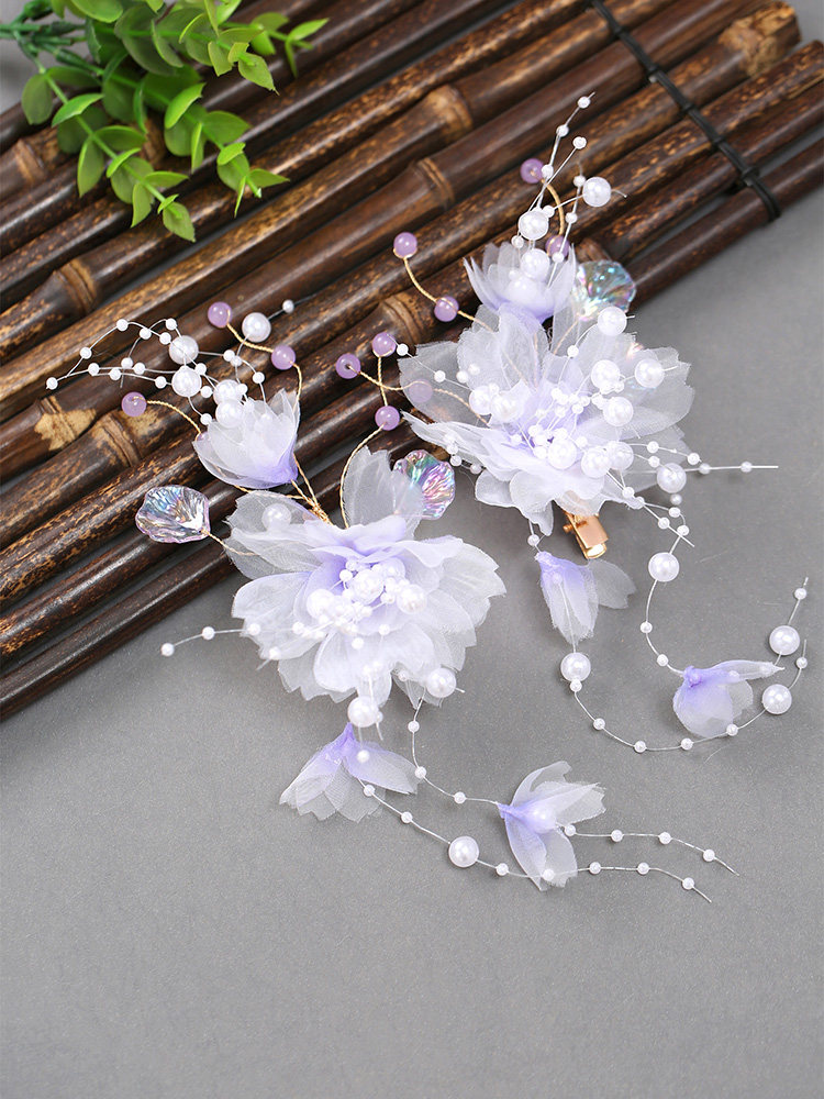 女童汉服头饰女儿童小公主古装发型配饰绢花仙气发夹紫色古风发饰