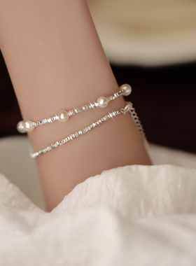 925碎银子灰白珍珠手链女生ins小众设计姐妹三人闺蜜手串女高级感