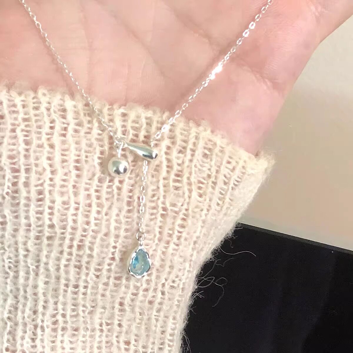 蓝色水滴s925银流苏项链配礼服气质小众抽拉式可调节锁骨链高级感