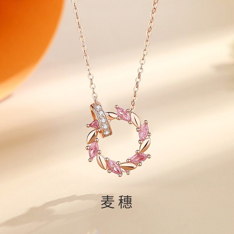 芭比粉麦穗项链玫瑰金小众高级感环环相扣锁骨链送女友情人节礼物