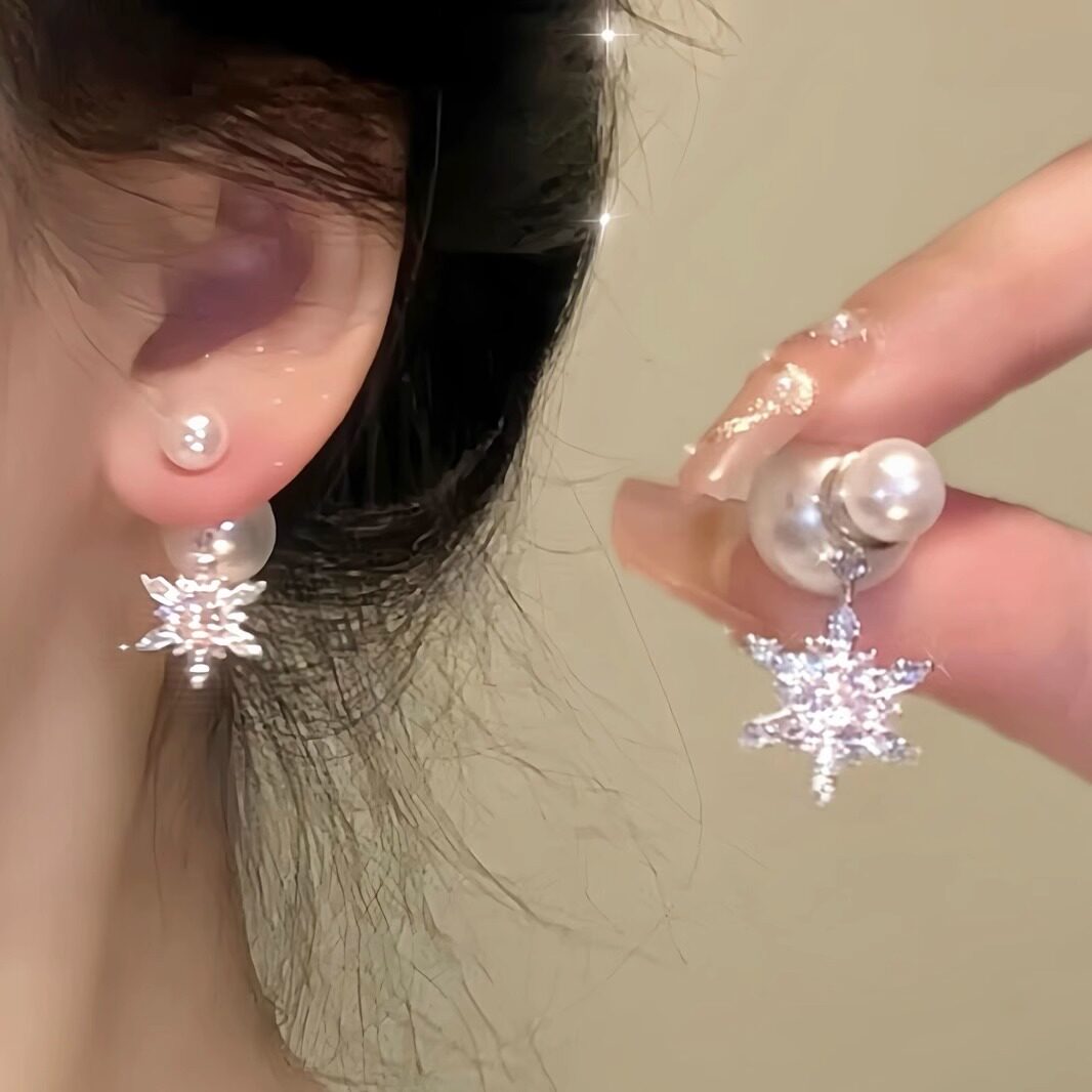 氛围感满钻雪花珍珠耳环精致银针耳饰女高级感前后挂式耳钉设计感