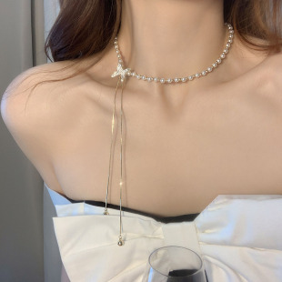 蝴蝶流苏吊坠时尚珍珠项链女生轻奢抽拉颈链晚礼服毛衣链2026新款
