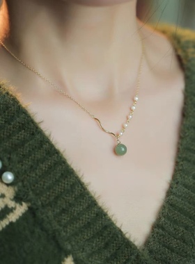 气质复古中式和田玉珍珠锁骨链简约轻奢小众高级感14K包金项链女